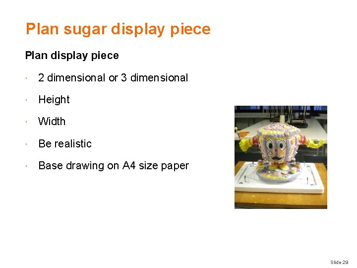 Plan sugar display piece Plan display piece 2 dimensional or 3 dimensional Height Width