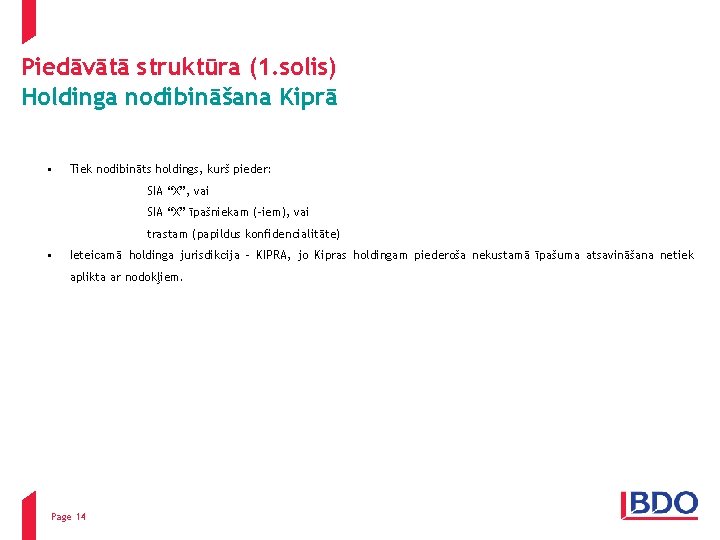 Piedāvātā struktūra (1. solis) Holdinga nodibināšana Kiprā • Tiek nodibināts holdings, kurš pieder: SIA