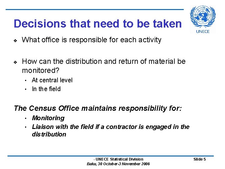 Decisions that need to be taken v v What office is responsible for each