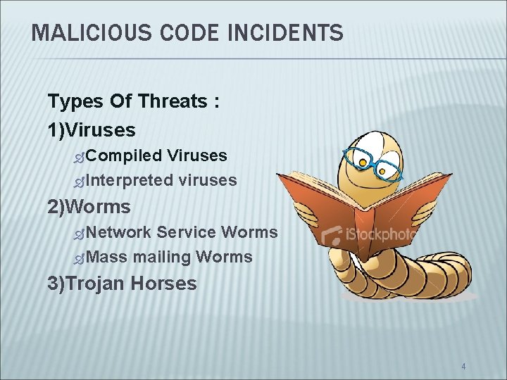 MALICIOUS CODE INCIDENTS Types Of Threats : 1)Viruses Compiled Viruses Interpreted viruses 2)Worms Network