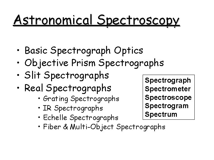 Astronomical Spectroscopy • • Basic Spectrograph Optics Objective Prism Spectrographs Slit Spectrographs Spectrograph Real