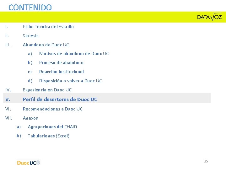 CONTENIDO I. Ficha Técnica del Estudio II. Síntesis III. Abandono de Duoc UC a) CONTENIDO I. Ficha Técnica del Estudio II. Síntesis III. Abandono de Duoc UC a)