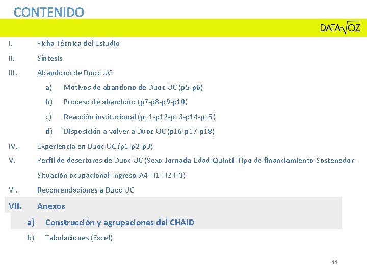 CONTENIDO I. Ficha Técnica del Estudio II. Síntesis III. Abandono de Duoc UC a) CONTENIDO I. Ficha Técnica del Estudio II. Síntesis III. Abandono de Duoc UC a)