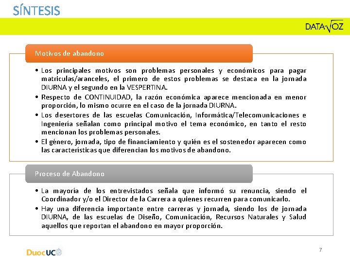 SÍNTESIS Motivos de abandono • Los principales motivos son problemas personales y económicos para SÍNTESIS Motivos de abandono • Los principales motivos son problemas personales y económicos para