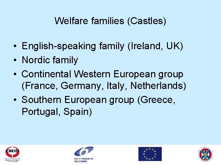 Welfare families (Castles) • English-speaking family (Ireland, UK) • Nordic family • Continental Western