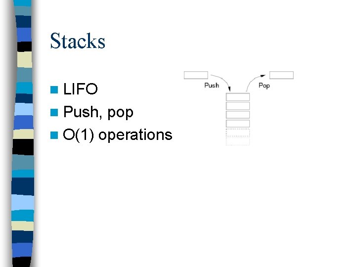Stacks n LIFO n Push, pop n O(1) operations 