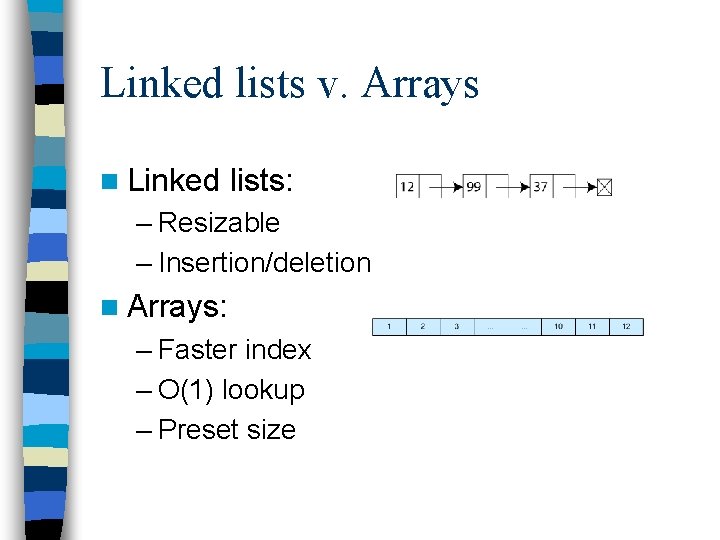 Linked lists v. Arrays n Linked lists: – Resizable – Insertion/deletion n Arrays: –