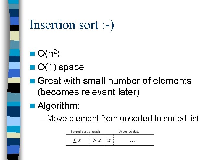 Insertion sort : -) n O(n 2) n O(1) space n Great with small