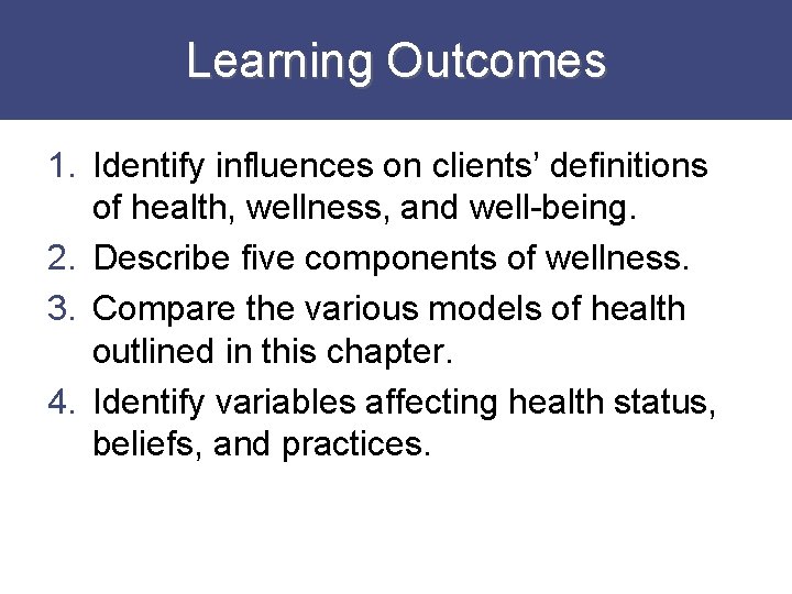 Learning Outcomes 1. Identify influences on clients’ definitions of health, wellness, and well-being. 2.