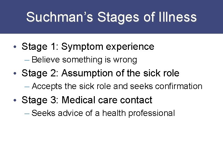 Suchman’s Stages of Illness • Stage 1: Symptom experience – Believe something is wrong