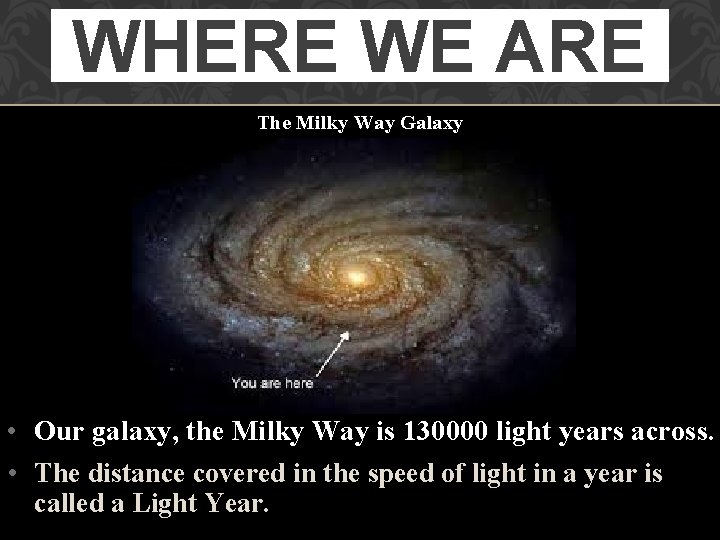 WHERE WE ARE The Milky Way Galaxy Our Solar system is in this galaxy.