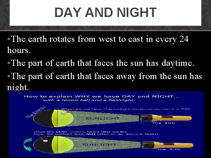 DAY AND NIGHT • The earth rotates from west to east in every 24