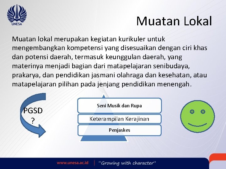 Muatan Lokal Muatan lokal merupakan kegiatan kurikuler untuk mengembangkan kompetensi yang disesuaikan dengan ciri