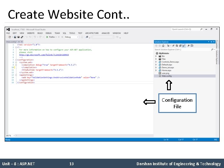  Create Website Cont. . Configuration File Unit – 8 : ASP. NET 13