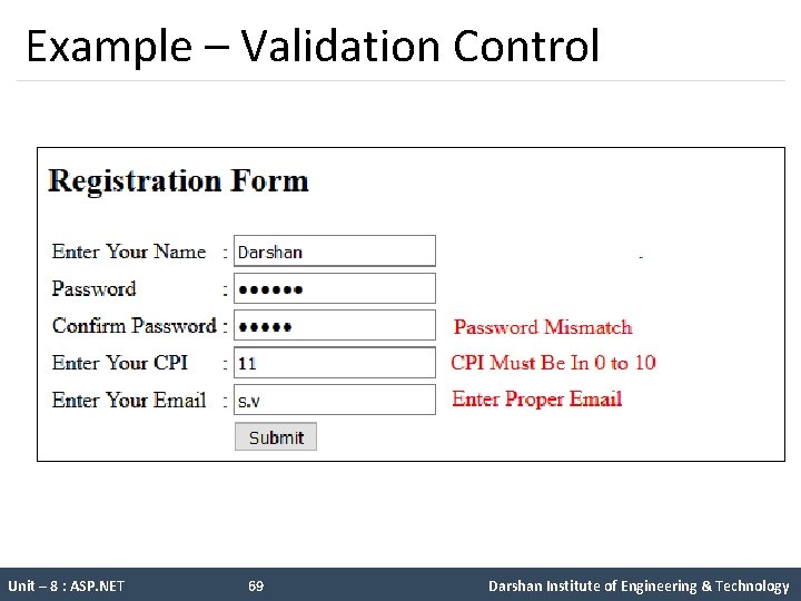 Example – Validation Control Unit – 8 : ASP. NET 69 Darshan Institute of