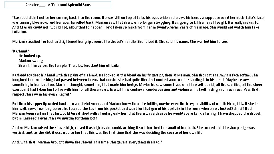 Chapter ___ A Thousand Splendid Suns "Rasheed didn’t notice her coming back into the