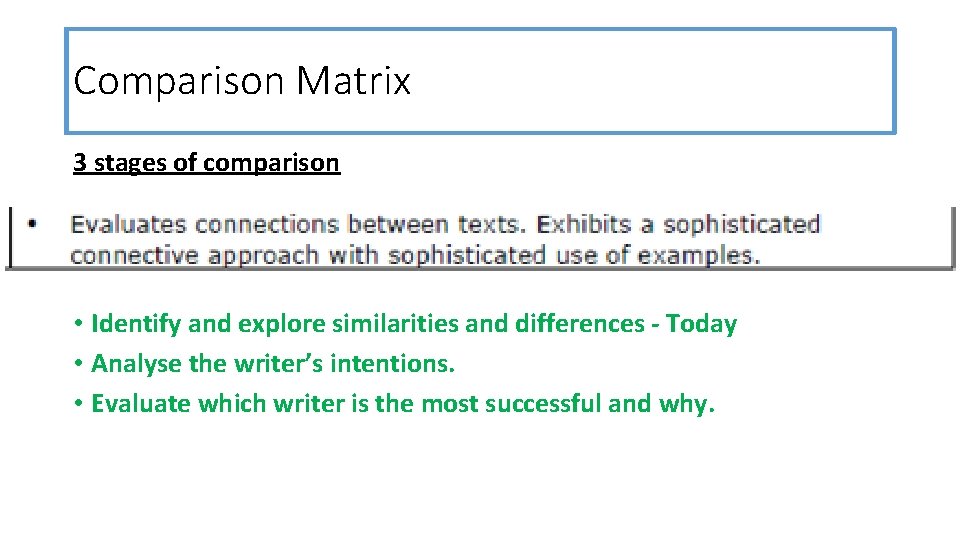 Comparison Matrix 3 stages of comparison • Identify and explore similarities and differences -