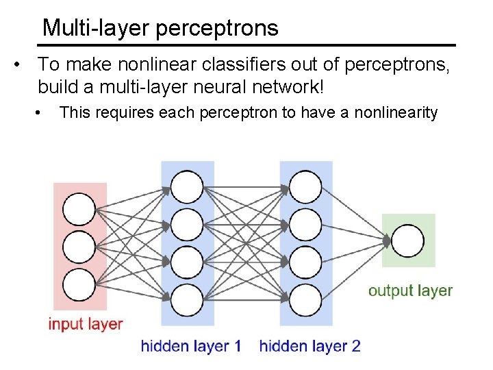 Multi-layer perceptrons • To make nonlinear classifiers out of perceptrons, build a multi-layer neural