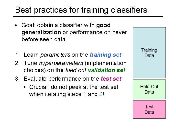 Best practices for training classifiers • Goal: obtain a classifier with good generalization or