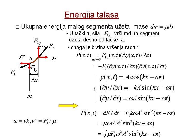 Energija talasa Ukupna energija malog segmenta užeta mase • U tački a, sila vrši