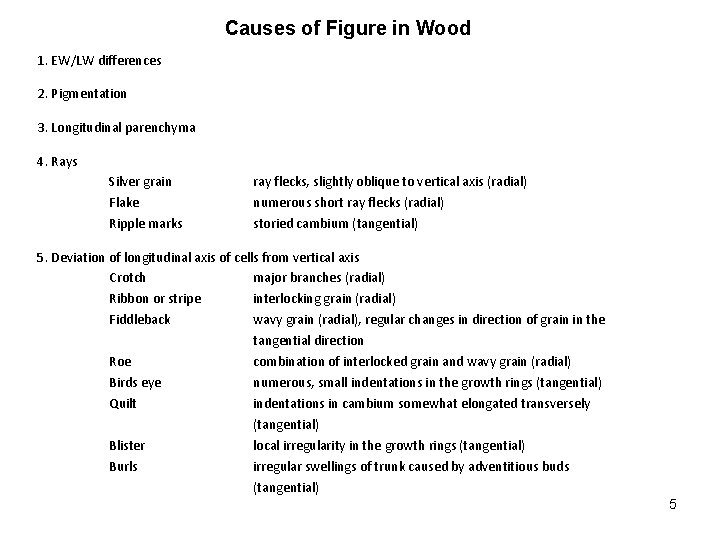Causes of Figure in Wood 1. EW/LW differences 2. Pigmentation 3. Longitudinal parenchyma 4.