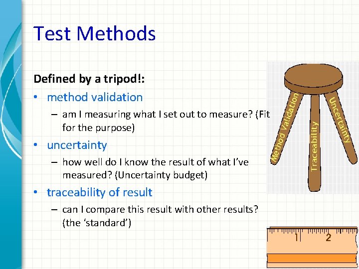 Test Methods Defined by a tripod!: • method validation – am I measuring what