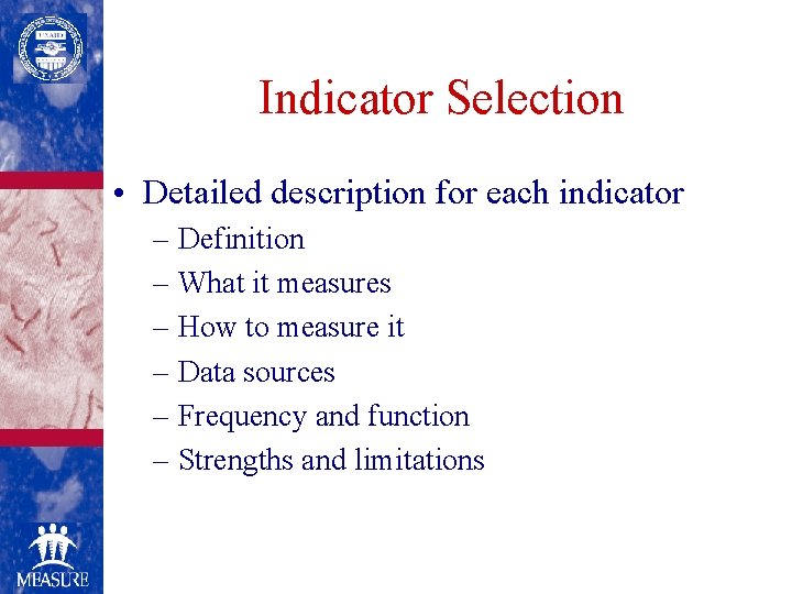 Indicator Selection • Detailed description for each indicator – Definition – What it measures