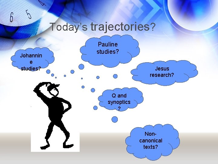 Today’s trajectories? Johannin e studies? Pauline studies? Jesus research? Q and synoptics ? Noncanonical