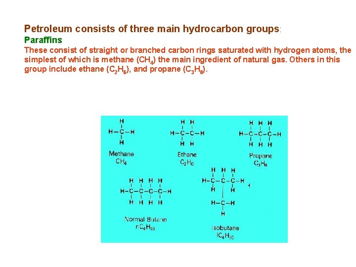 Petroleum consists of three main hydrocarbon groups: Paraffins These consist of straight or branched