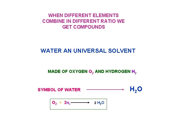 WHEN DIFFERENT ELEMENTS COMBINE IN DIFFERENT RATIO WE GET COMPOUNDS WATER AN UNIVERSAL SOLVENT