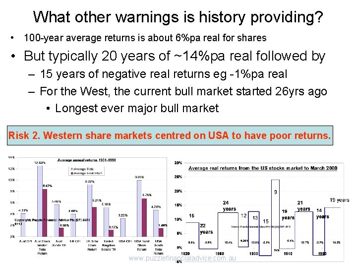 What other warnings is history providing? • 100 -year average returns is about 6%pa