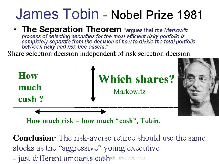 James Tobin - Nobel Prize 1981 • The Separation Theorem “argues that the Markowitz