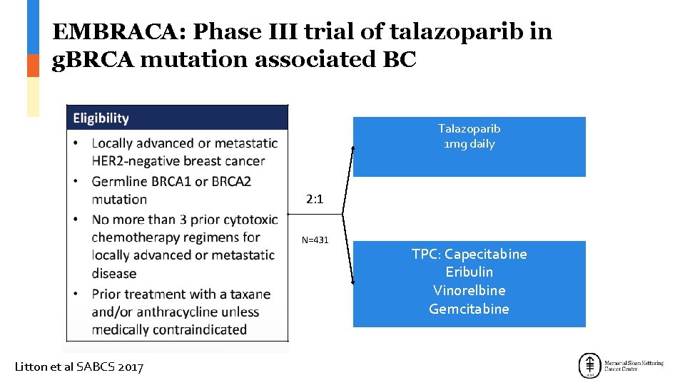 EMBRACA: Phase III trial of talazoparib in g. BRCA mutation associated BC Talazoparib 1