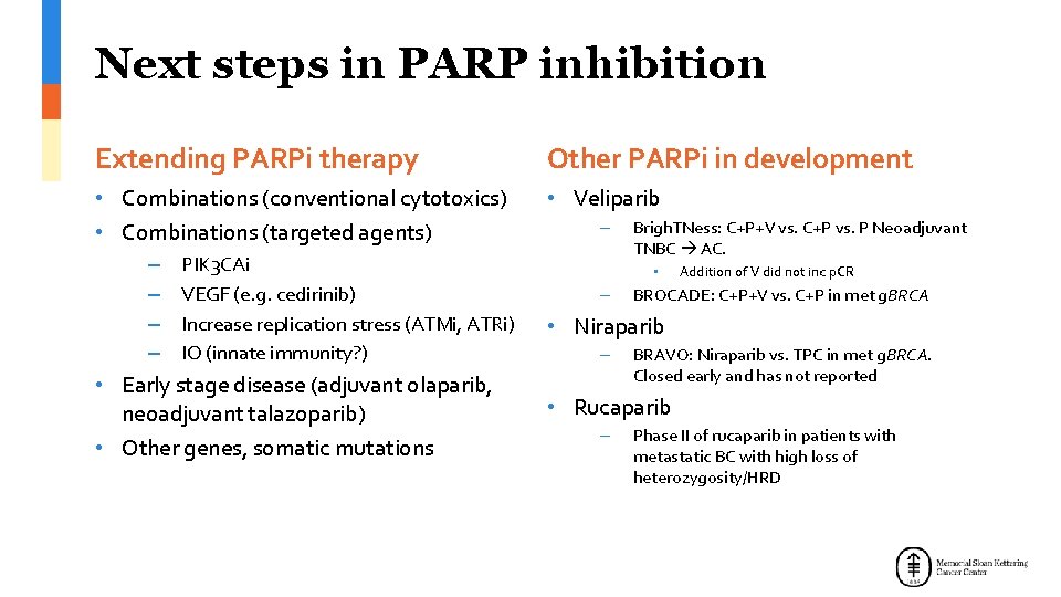 Next steps in PARP inhibition Extending PARPi therapy Other PARPi in development • Combinations