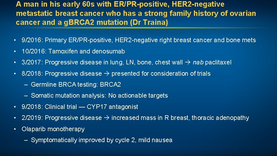 A man in his early 60 s with ER/PR-positive, HER 2 -negative metastatic breast