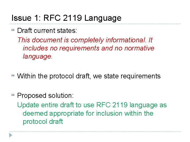 Issue 1: RFC 2119 Language Draft current states: This document is completely informational. It