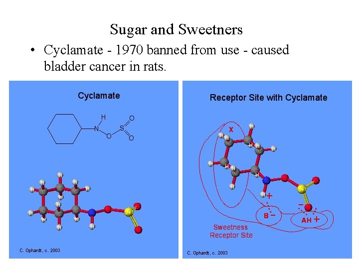 Sugar and Sweetners • Cyclamate - 1970 banned from use - caused bladder cancer