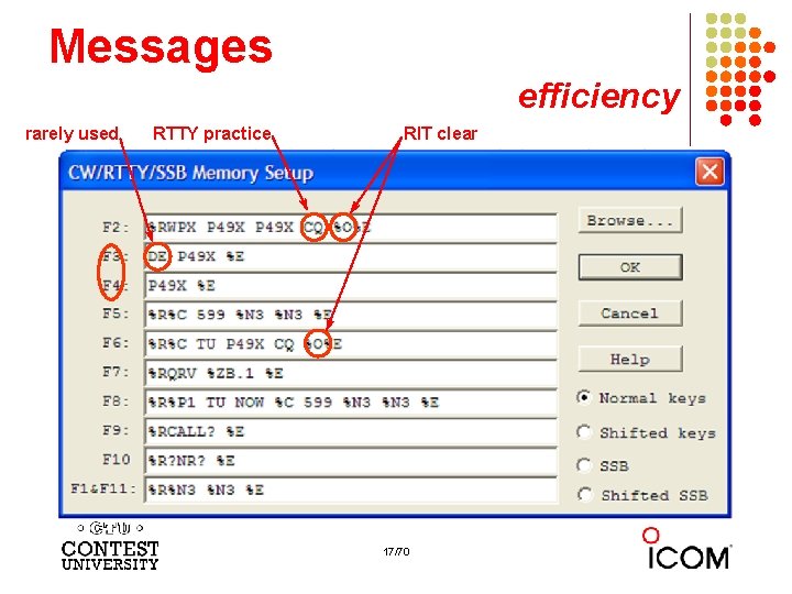 Messages efficiency rarely used RTTY practice RIT clear 17/70 