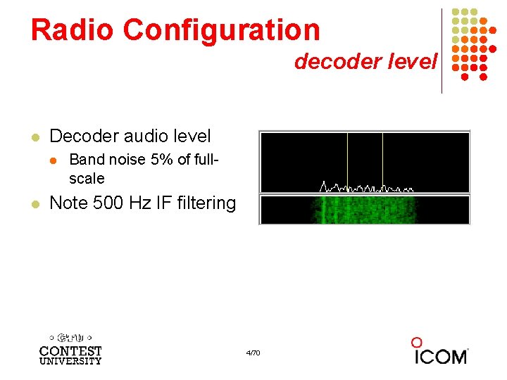 Radio Configuration decoder level l Decoder audio level l l Band noise 5% of