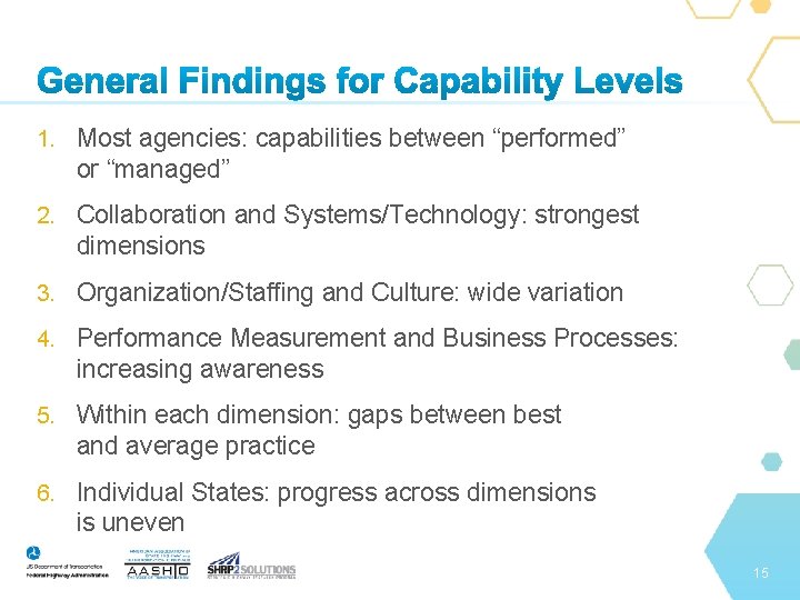 1. Most agencies: capabilities between “performed” or “managed” 2. Collaboration and Systems/Technology: strongest dimensions