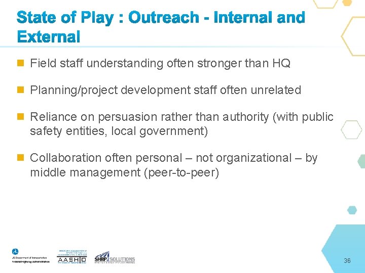  Field staff understanding often stronger than HQ Planning/project development staff often unrelated Reliance