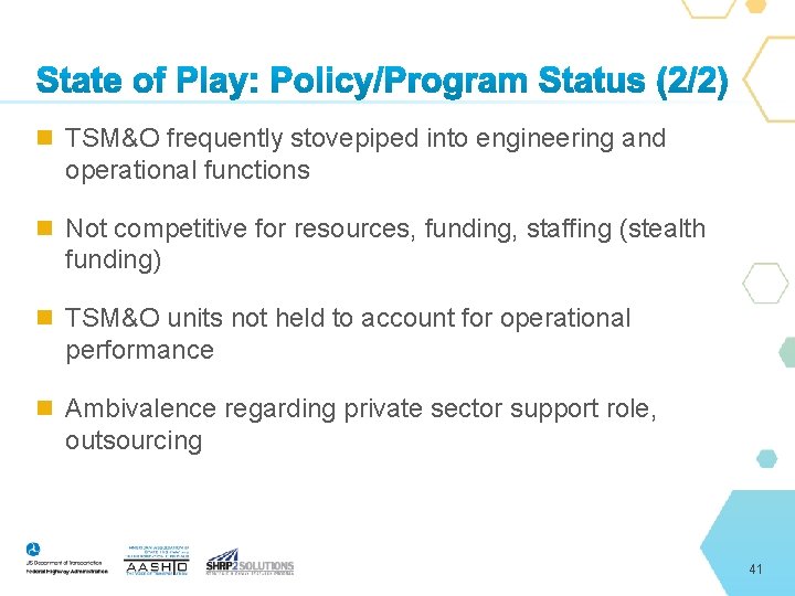  TSM&O frequently stovepiped into engineering and operational functions Not competitive for resources, funding,