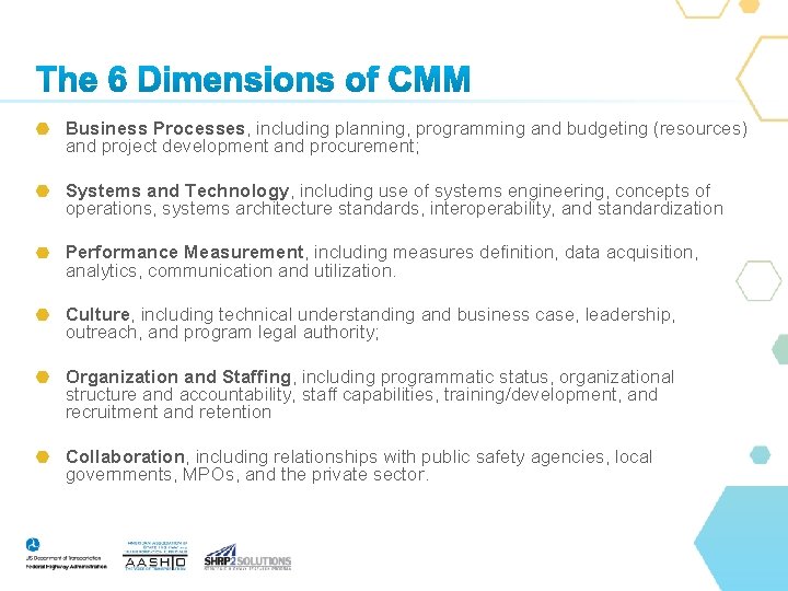 Business Processes, including planning, programming and budgeting (resources) and project development and procurement; Systems