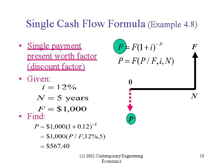 Single Cash Flow Formula (Example 4. 8) • Single payment present worth factor (discount Single Cash Flow Formula (Example 4. 8) • Single payment present worth factor (discount
