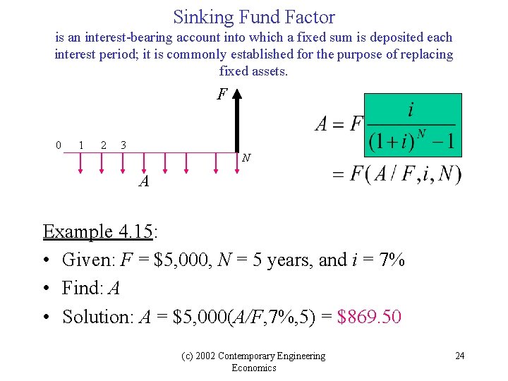 Sinking Fund Factor is an interest-bearing account into which a fixed sum is deposited Sinking Fund Factor is an interest-bearing account into which a fixed sum is deposited