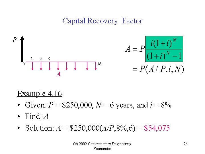 Capital Recovery Factor P 1 2 3 0 N A Example 4. 16: • Capital Recovery Factor P 1 2 3 0 N A Example 4. 16: •