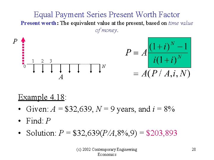 Equal Payment Series Present Worth Factor Present worth: The equivalent value at the present, Equal Payment Series Present Worth Factor Present worth: The equivalent value at the present,