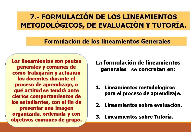 7. - FORMULACIÓN DE LOS LINEAMIENTOS METODOLÓGICOS, DE EVALUACIÓN Y TUTORÍA. Formulación de los