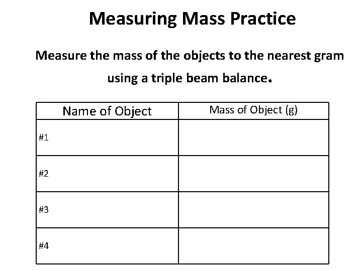  Measuring Mass Practice Measure the mass of the objects to the nearest gram