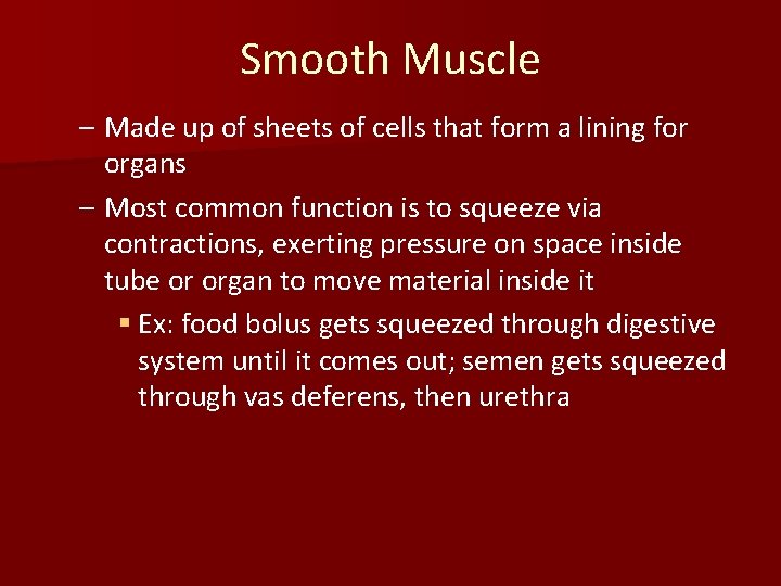 Smooth Muscle – Made up of sheets of cells that form a lining for